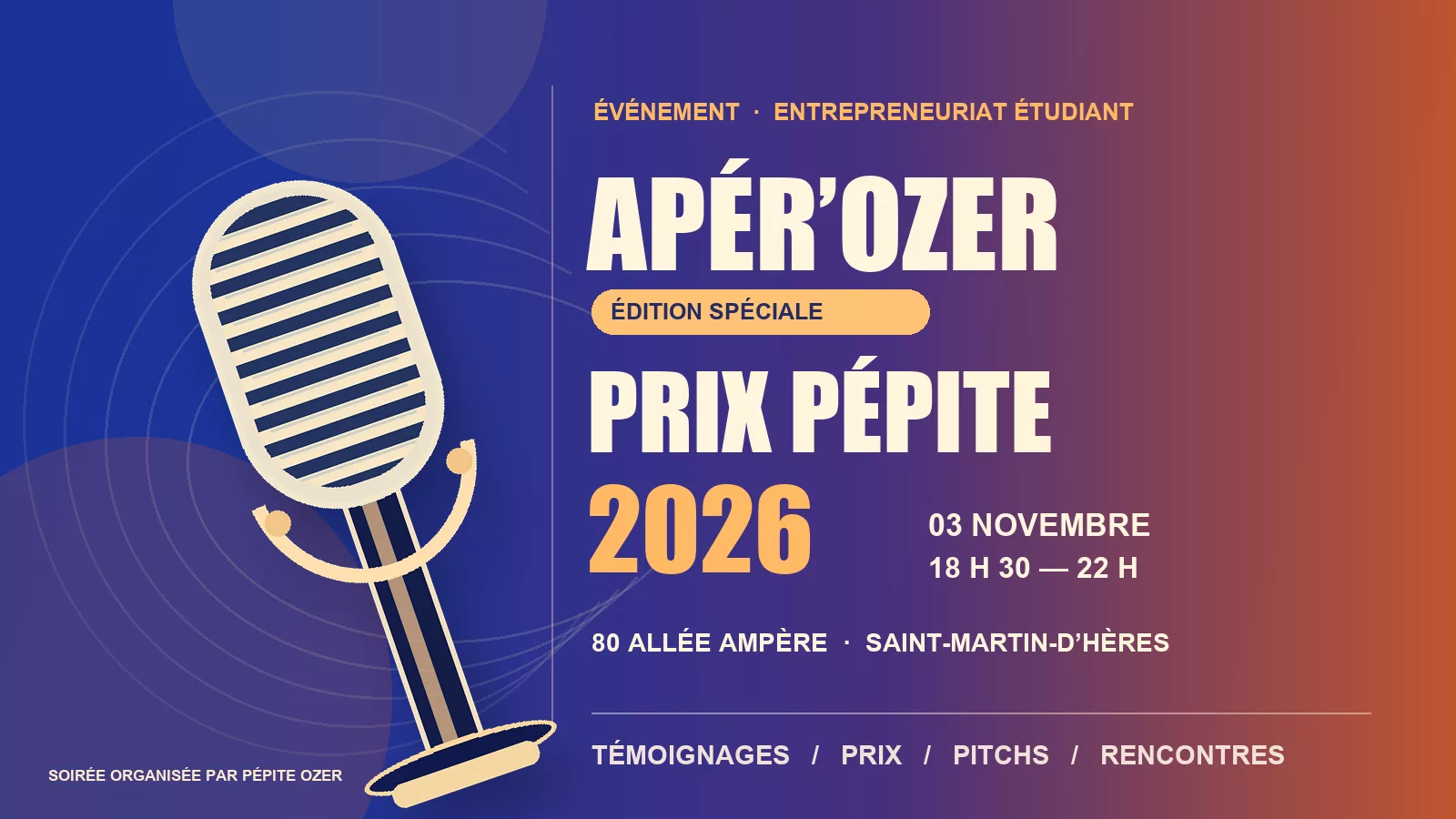 Illustration de l’Apér’oZer spécial Prix Pépite 2026, microphone sur fond bleu, violet et orange.