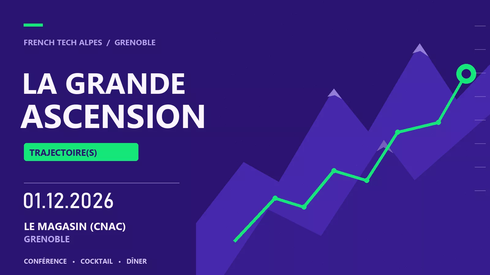 Illustration de La Grande Ascension 2026 : montagnes alpines violettes, ligne de trajectoire verte, date et lieu à Grenoble.